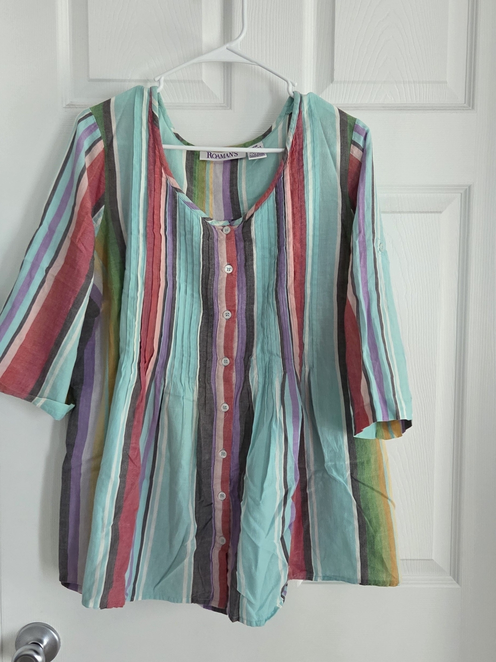 Roaman's Multicolor Striped Button-Front Tunic in Aqua and Red